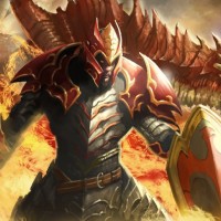 Dragon Knight стоит на фоне драконьего огня