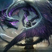Дракон с фиолетовым магическим огнём в пасти охраняет череп на постаменте