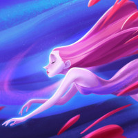 Девушка с острым носом и длинными розовыми волосами плывёт под водой