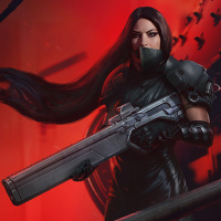 Девушка с длинными чёрными волосами и огромной футуристичной пушкой в руках