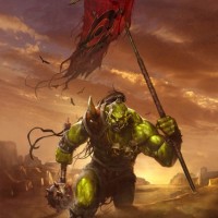 Зелёный орк с красным флагом Орды из игры Warcraft.