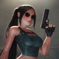 Лара Крофт в солнцезащитных очках и с пистолетами в руках.