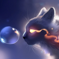Кот светящимися глазами смотрит на пузырь в воздухе
