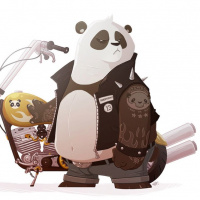 Панда в байкерской безрукавке стоит рядом с мотоциклом