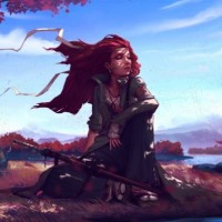 Девушка с красными волосами сидит возле берега реки