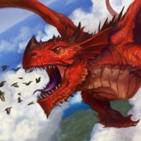Красный дракон охотится на стаю птиц летящих над облаками