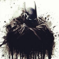 Рисунок с пятнами и подтёками с завернувшимся в плащ Бэтменом.