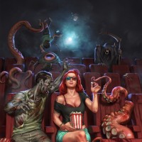 Девушка в кинотеатре окружённая самыми разными монстрами.