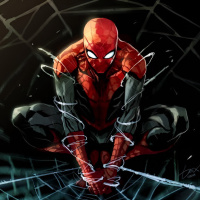 Человек-паук сидит в центре паутины в своей любимой позе