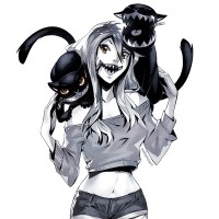 Страшная девушка с двумя чёрными кошками с металлическими челюстями