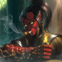 Hellgirl сидит за барной стойкой с зажигалкой в руке