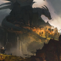 Огромный дракон улёгся рядом с замком на горе