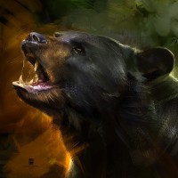 Картина с мордой бурого медведя с открытой пастью.