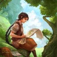 Девушка с длинными косами рисует драконов в альбоме, сидя на природе