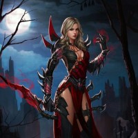 Девушка в красивой боевой одежде стоит с мечом, из которого идёт красный дым