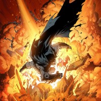 Отлетающий от сильного взрыва Бэтмен, ведь его костюм защищает и от такого