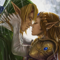 Объятия Линка и Зельды перед поцелуем под дождём