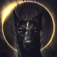 Чёрная собака на фоне солнечного затмения