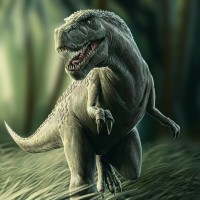 Тираннозавр идёт по полю, пуская слюни на траву