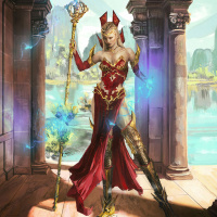 Светловолосая эльфийка в красной одежде с магическим посохом в руке