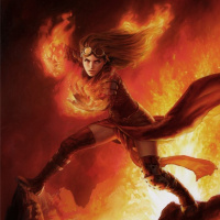 Девушка управляет огнём стоя над лавой