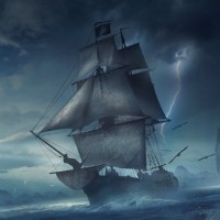 Пиратский корабль с поднятыми парусами на фоне скал и молнии