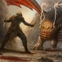 Человек с двумя кинжалами бросает вызов дракону с дымящимися глазами