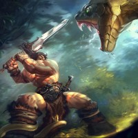 Варвар с двуручным мечом сражается с гигантской змеёй.