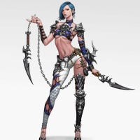 Девушка с синими волосами вооружена двумя мечами на цепях