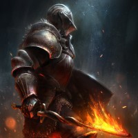 Воин в мощных доспехах со скрученным горящим мечом в руке