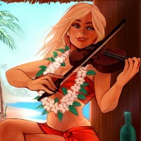 Блондинка с веснушками играет на скрипке, сидя на барной стойке