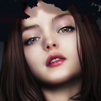Лицо 3D девушки с разноцветными глазами и чёрной ерундой на голове