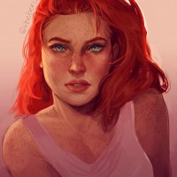 Нарисованная девушка в майке с красными волосами и веснушками