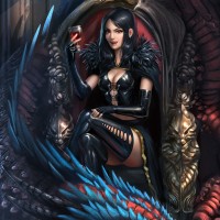 Девушка в чёрной кожаной одежде сидит на троне, который охраняет дракон