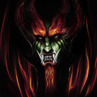 Демон с зелёным лицом и длинными клыками