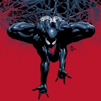 Человек-паук с симбиотом Веномом гнёт пальцы сидя на потолке.