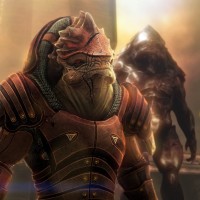 Кроган Рекс из игры Mass Effect стоит ровно с важным видом