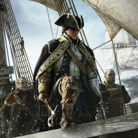 Герой игры Assassin's Creed III на корабле с топором в руке