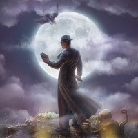 Мужчина в плаще и шляпе стоит на фоне огромной луны с книгой в руке
