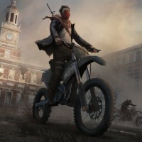 Мужчина с маской на лице гоняет на мотоцикле по руинам