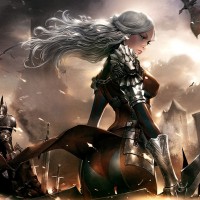 Стоящая спиной девушка с белыми волосами на фоне эпичной битвы с драконами