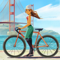 Рыжая девушка в кепке у велосипеда на фоне моста