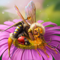 Пчелиная фея спит на цветке, истекая мёдом