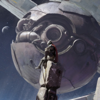 Человек в плаще сидит на фоне огромной летающей космической станции в форме шара