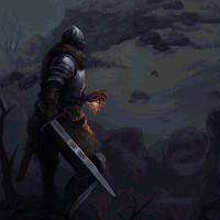 Воин с мечом идёт к разрушенной башне