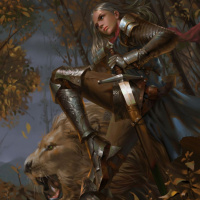 Девушка в доспехах достаёт меч рядом со стоящим рядом львом