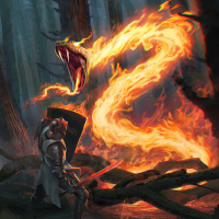 Воин сражается с огненной змеёй в лесу