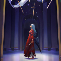 Ангел в красном платье стоит под летающими в воздухе мечами и копьями