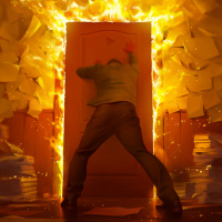 Мужчина держит дверь, за которой бушует пожар