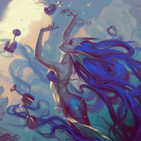 Русалка с синими волосами играет с бокалами под водой